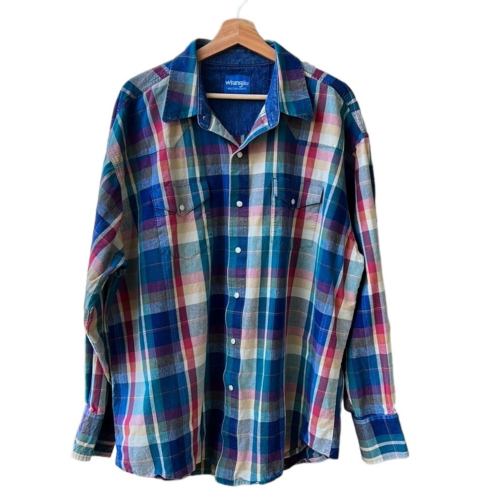 Wrangler Men’s XL Vintage Pearl Snap Long Sleeve Shirt. Western. Colorful Plaid